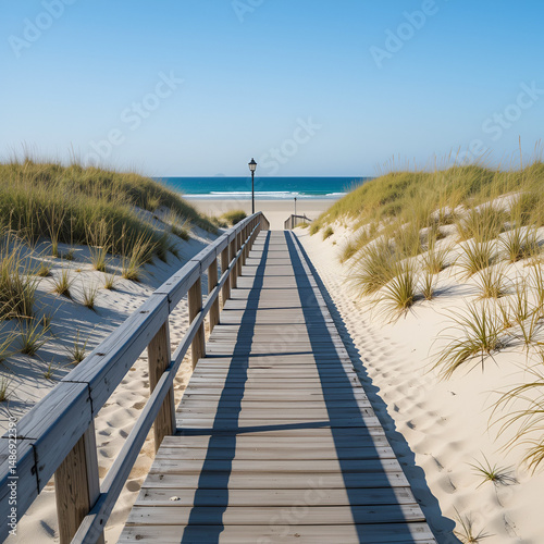 A boardwalk leads over the sand dunes to the beach beyond