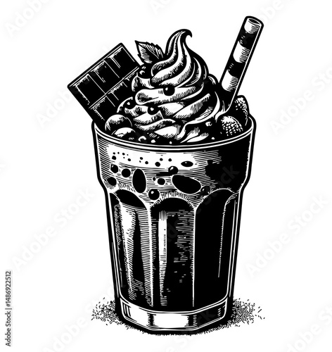 Ice Cream in Glass Engraving Style, Topped with Whipped Cream, Chocolate Bar, Straw, and Mint Leaf
