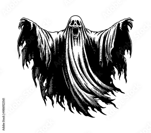 A frightening ghost screaming and floating with outstretched arms in detailed engraving illustration style