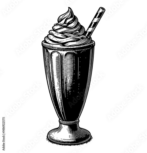 Elegant Black and White Engraving of a Milkshake with Cream and Striped Straw