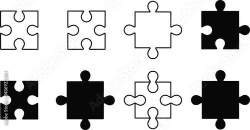 Eight different puzzle pieces in black and white outlines suitable for various projects and designs