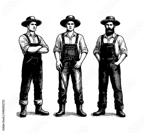 Three Farmers Standing in Overalls and Hats in a Detailed Engraving Style