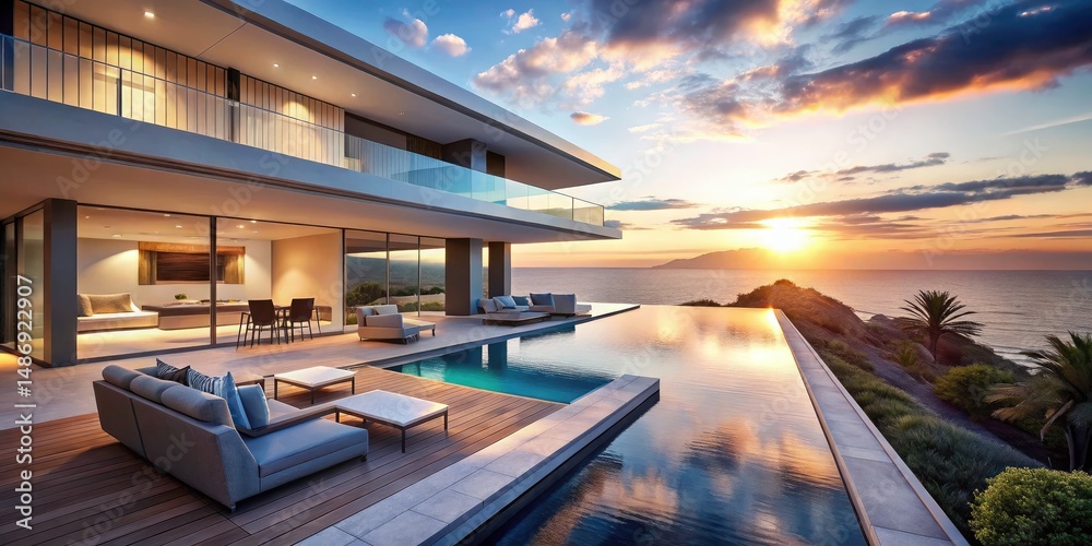 Fototapeta premium Luxury Modern Seaside Villa: Infinity Pool, Ocean Views, Outdoor Living