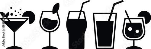 Simple monochromatic illustrations of various refreshing alcoholic and non alcoholic beverages for celebrations