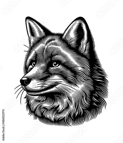 Engraved headshot of fox with detailed line art, looking to the left, black and white illustration