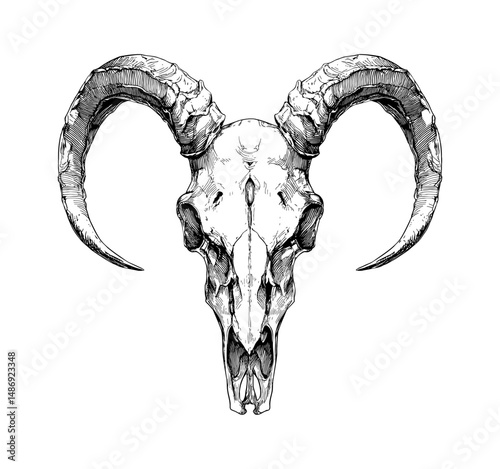 Detailed Ram Skull Illustration with Intricate Line Work in Black and White Engraving Style