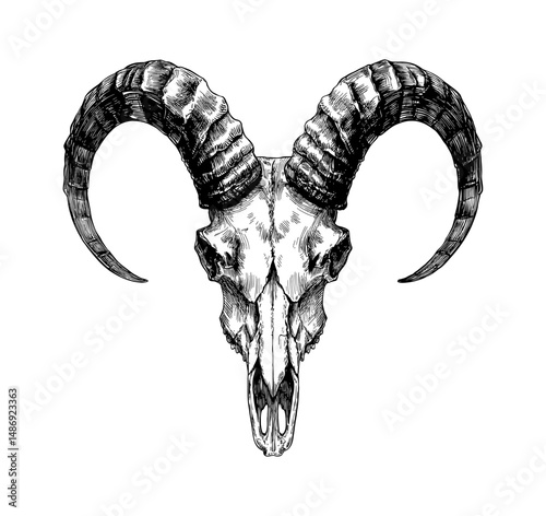 Detailed Engraving Illustration of a Ram Skull Isolated on White Background