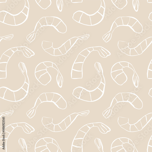 Seamless pattern of white shrimps on beige background hand-drawn in one uneven line with no shadows for textile and packaging