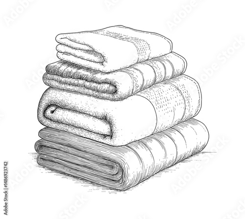 Stack of folded blankets towels in detailed monochrome line art engraving illustration style drawing