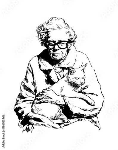 Elderly Woman Hugging Cat with Affection and Wearing Glasses in Black and White Art
