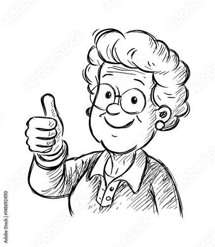 Grandmother with Thumbs Up Smiling Wearing Glasses Black and White Detailed Line Art