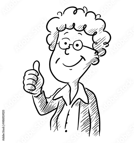 Cartoon Woman Giving Thumbs Up with Happy Expression in Black and White Line Art