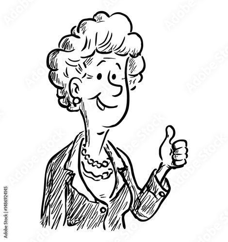 Cartoon Character with Curly Hair Giving a Thumbs Up, Hand Drawn Illustration in Black and White