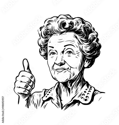 Old Woman Showing Thumbs Up with Positive Expression in Detailed Black and White Line Art Drawing