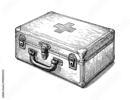 Vintage First Aid Kit Illustration with Cross Symbol in Detailed Black and White Engraving Style