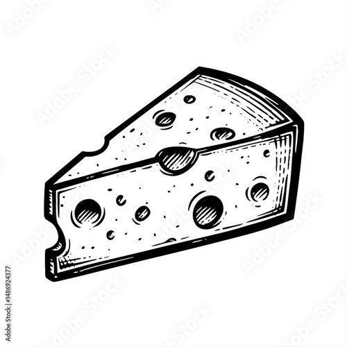 Detailed Cheese Slice with Holes Black and White Engraving Vector Illustration Isolated on White