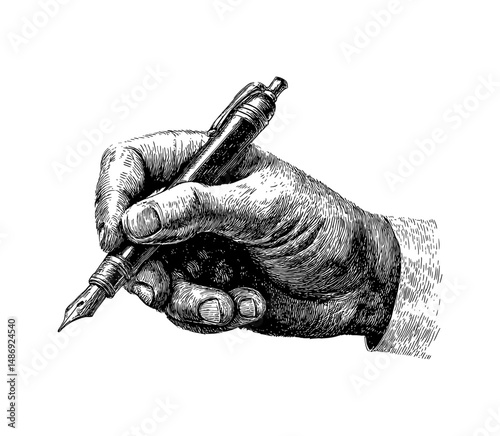 Hand holding pen writing on white background in detailed engraved illustration
