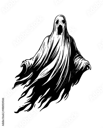 Black and White Illustration of a Scary Ghost with an Open Mouth Floating