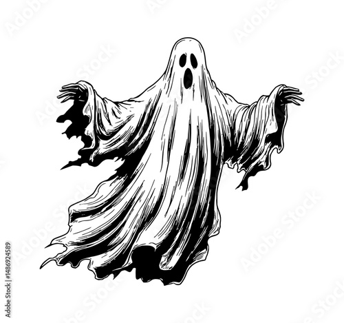 Spooky White Ghost Floating with Open Arms in Black and White Engraving Style for Halloween