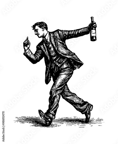 Drunk Man in Suit Walks with Wine Bottle in Hand, Engraved Black and White Illustration