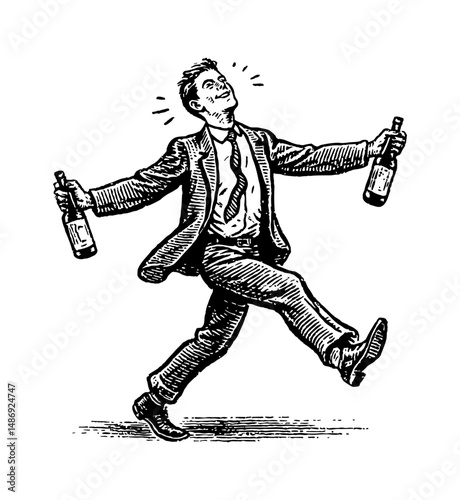 Drunk Businessman Walking and Holding Bottles with Happy Expression in Engrave Style