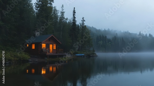 Serene Lakeside Cabin at Dawn with Mist Rising from the Water in a Peaceful Forest Setting