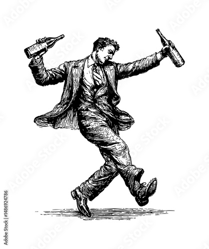 Man in Suit Dancing with Wine Bottles in Engraving Style Black and White Illustration