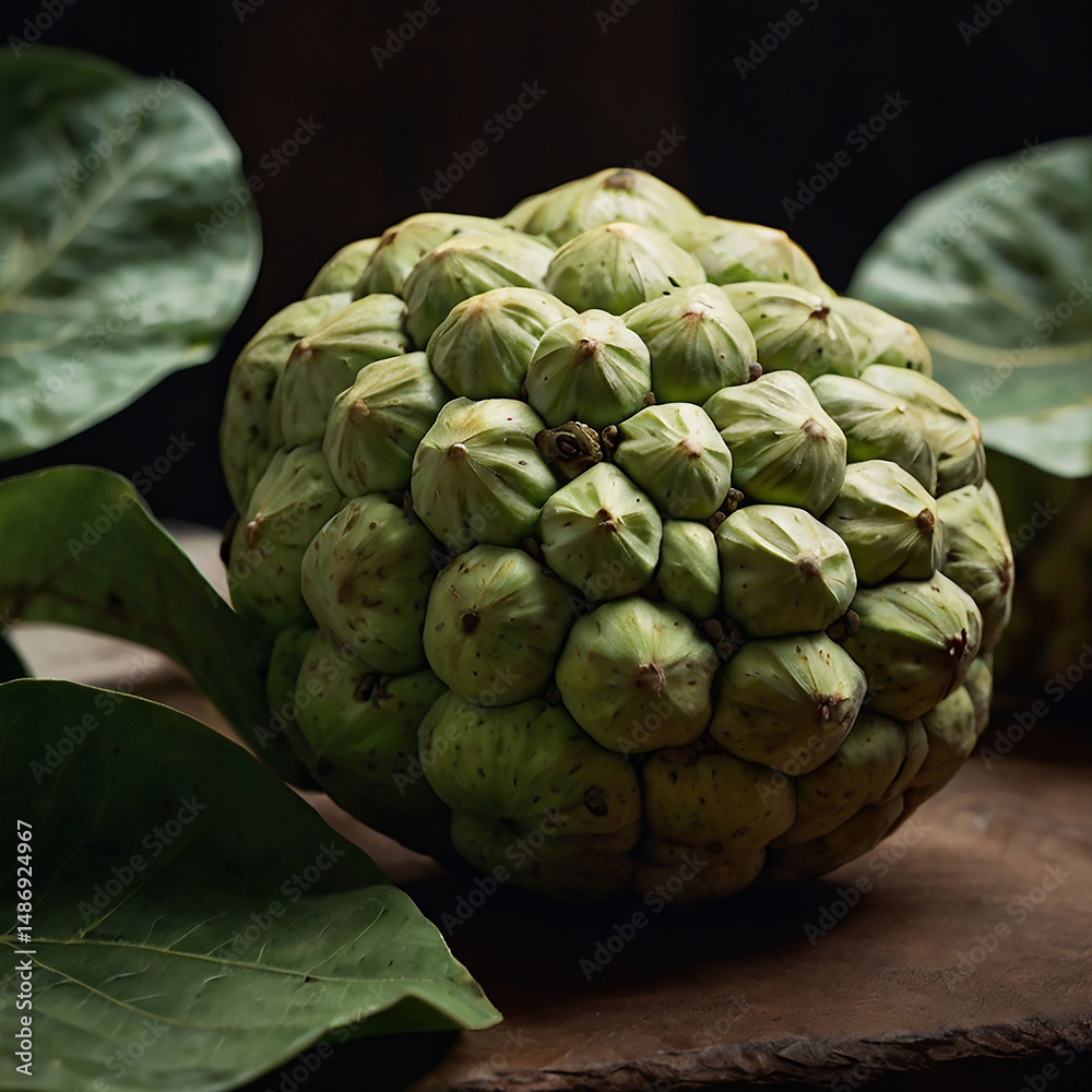 Fototapeta premium Fresh Cherimoya Fruit on Wooden Table with Green Leaves – Exotic Tropical Produce