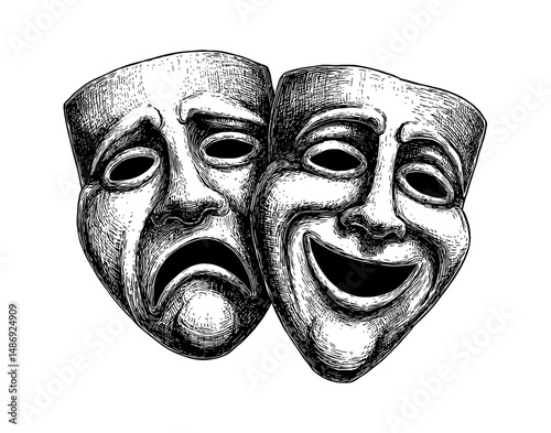 Two Masks with Different Expressions, One is Smiling, and One is Crying in Detailed Engraving