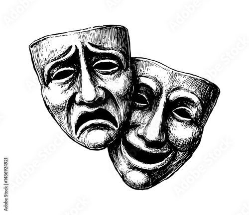 Illustration of Two Theatrical Masks, one is Happy and one is Sad with Black and White Color