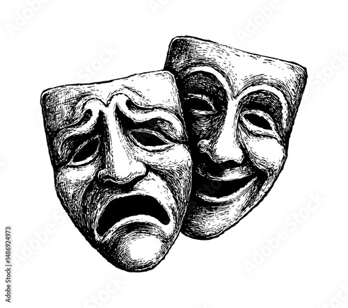 Black and White Drawing of Comedy and Tragedy Masks Symbolizing Theater and Emotions