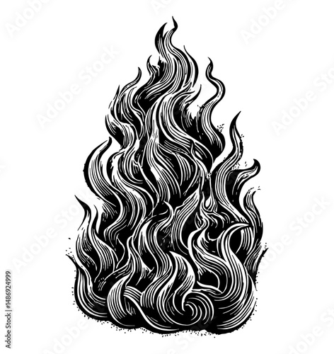 Engraved Black and White Illustration of Flames with Intricate Details and Line Work
