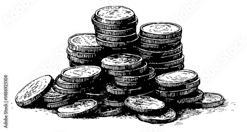 Pile of Coins Stacked with Detailed Line Art in Black and White Style Illustration