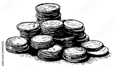 Illustration of Stacks of Coins with Black and White Engraved Appearance