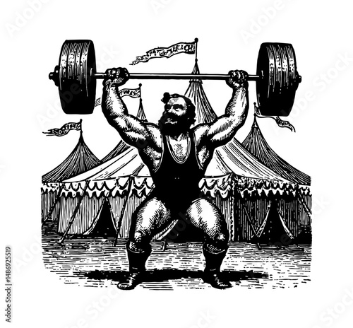 Vintage Engraving Illustration of a Strongman Lifting Barbell Overhead at a Circus Tent