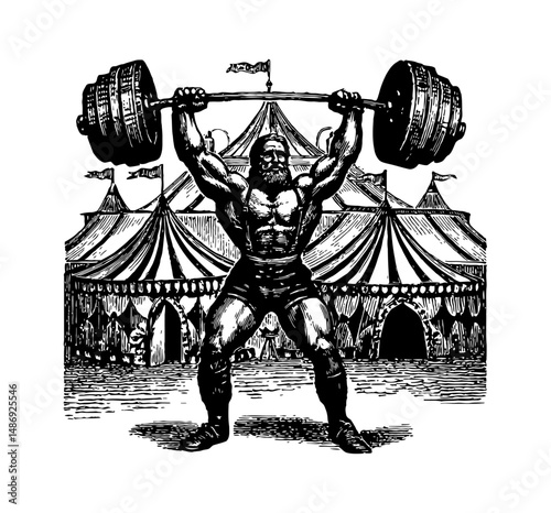 Strongman Lifting Barbell in Front of Circus Tent with Detailed Engrave Style