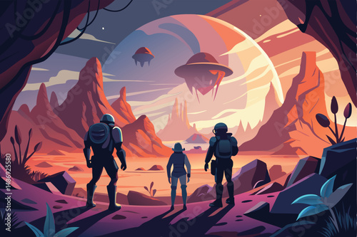 Three Explorers Uncover Secrets in Space, Silhouetted Against Alien Landscape