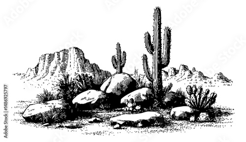 Illustration of cactus and rocks in desert landscape with mountain in the background in black and white