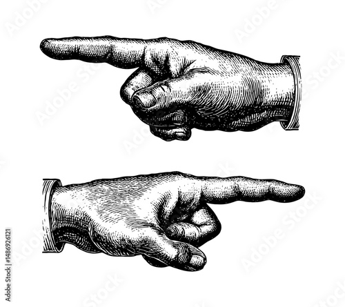 Engraved Hand Pointing Left Direction with Detailed Shading and Cuff in Black and White
