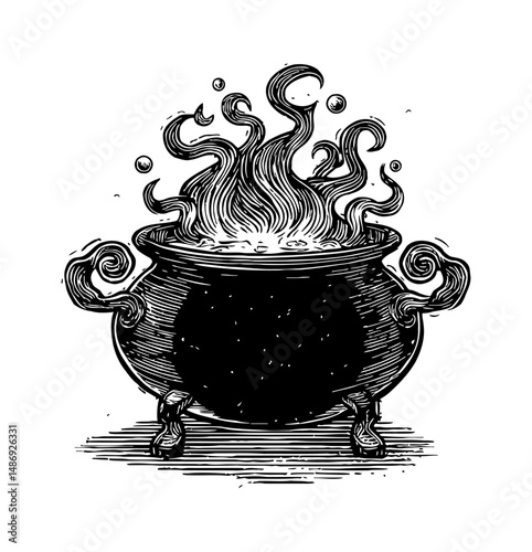 Engraved Illustration of a Witch's Cauldron with Bubbling Potion and Swirling Smoke