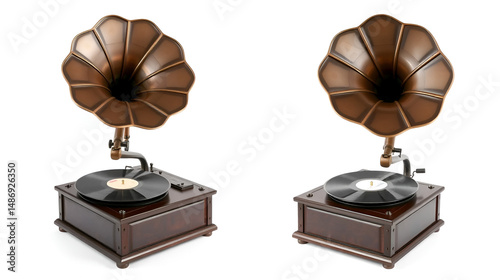 Photos of vintage gramophone isolated on white background. Old record or vinyl music player set of photos from different sides.