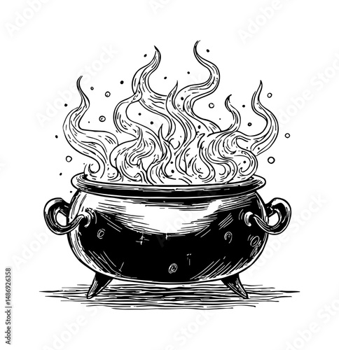 Hand Drawn Illustration of a Cauldron with Boiling Potion and Rising Steam, Black and White Detailed Engraving