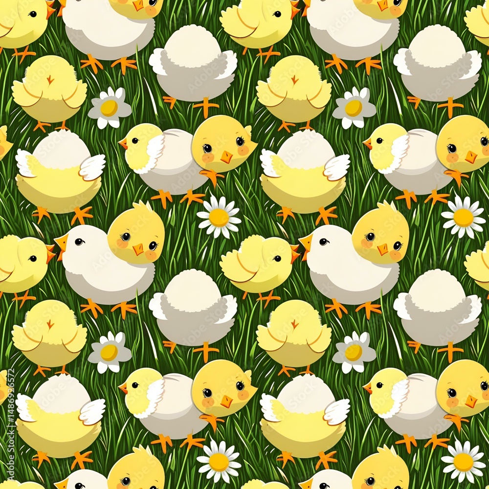 Fototapeta premium illustrated baby chicks in springtime grass
