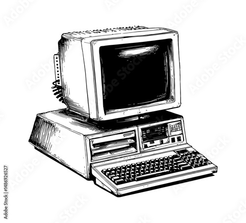 Vintage Computer with Monitor, Keyboard and Disk Drive in Detailed Black and White Engraved Style