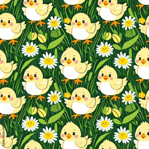 illustrated baby chicks in springtime grass