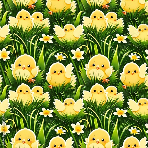 illustrated baby chicks in springtime grass