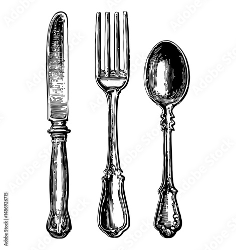 Engraved Silverware: Knife, Fork, and Spoon Isolated on White Background.