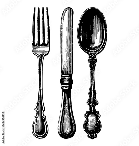 Vintage Engraved Illustration of Fork Knife and Spoon on White Background, Black and White
