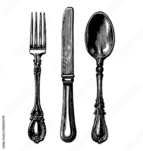 Vintage Engraved Silverware Set: Fork, Knife and Spoon Illustration on Isolated White Background