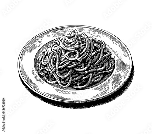 Engraved Spaghetti Dish with Classic Black and White Vintage Illustration Style